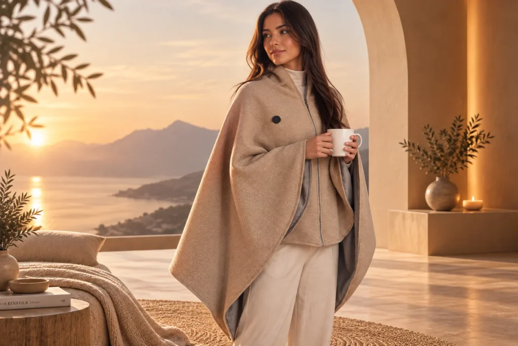 Femme portant la cape chauffante keetsoon avec une tasse de thé