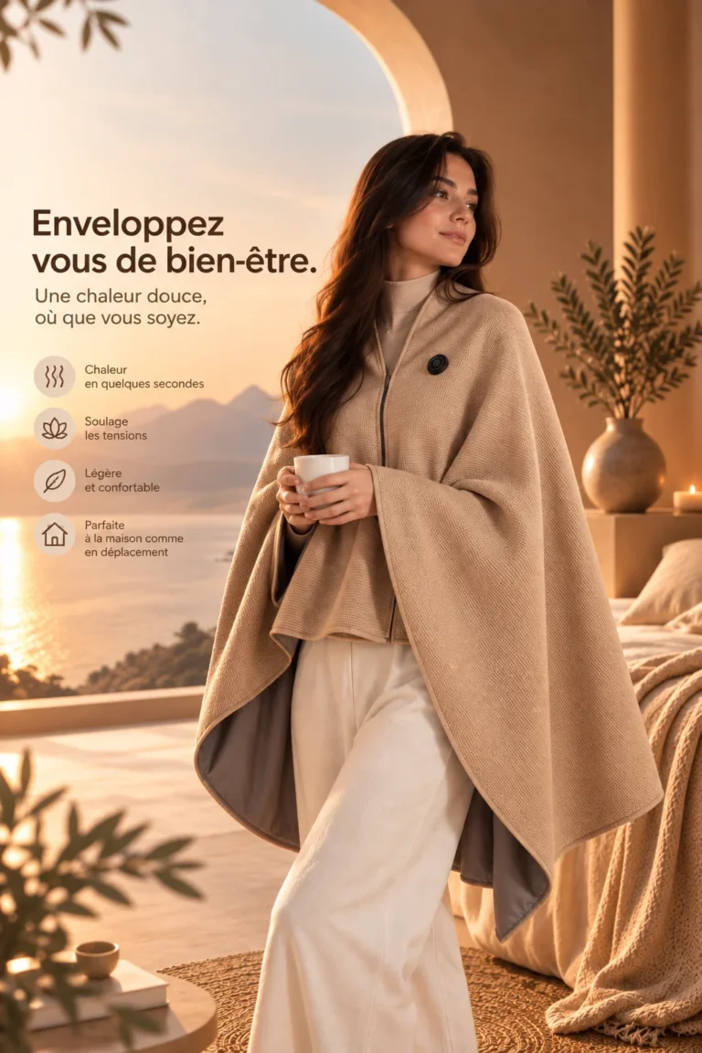 Cape chauffante keetsoon beige portée sur les épaules